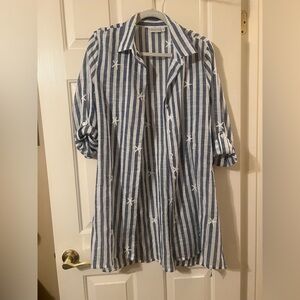 NWOT Blue & White Striped Button Down Tunic Shirt w Embroidered Starfish Size M